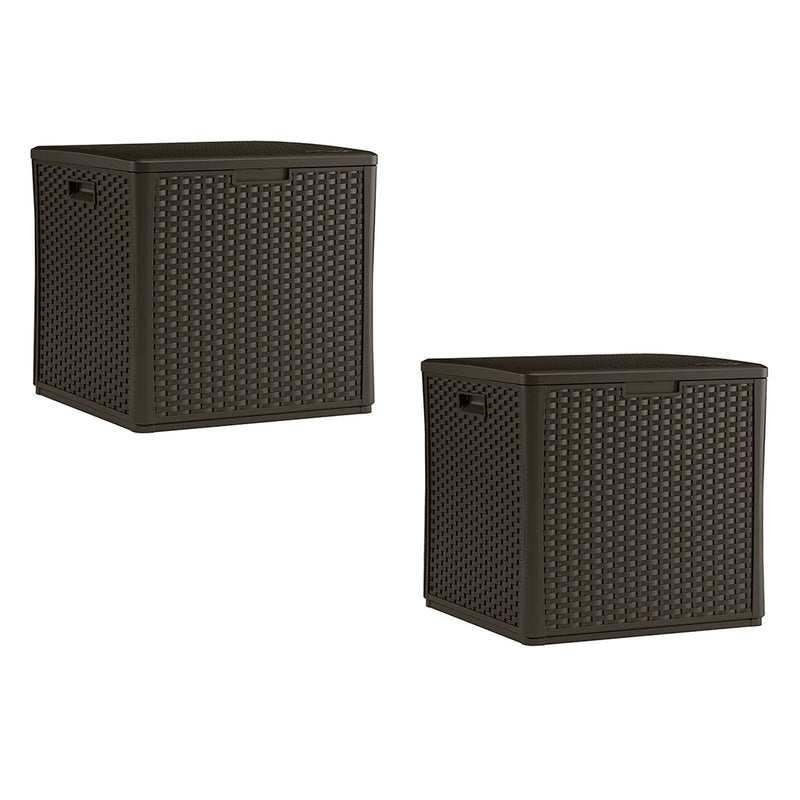 Suncast 60 Gallon Resin Wicker Design Cube Shape Storage Deck Box, Java (2 Pack)