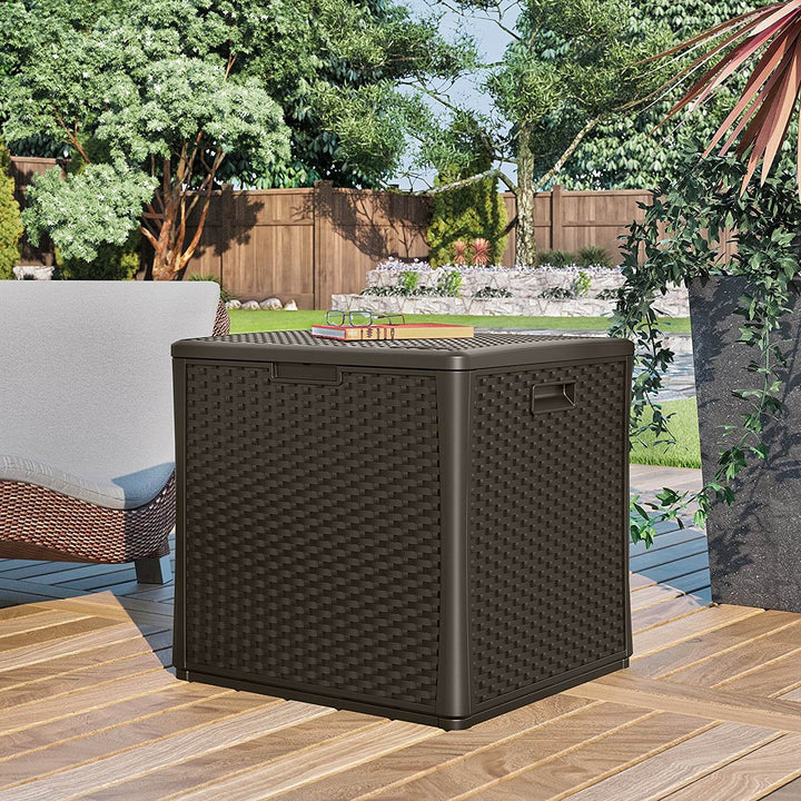 Suncast 60 Gallon Resin Wicker Design Cube Shape Storage Deck Box, Java (2 Pack)