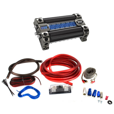 Boss CAP8 Farad Audio Power Capacitor with Bullz Audio 1/0 Gauge Amp Wiring Kit