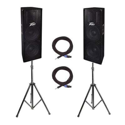 Peavey 2 Way 1400W Dual 15" DJ PA Loudspeaker (2) + 25' Cable (2) + 6' Stand (2)