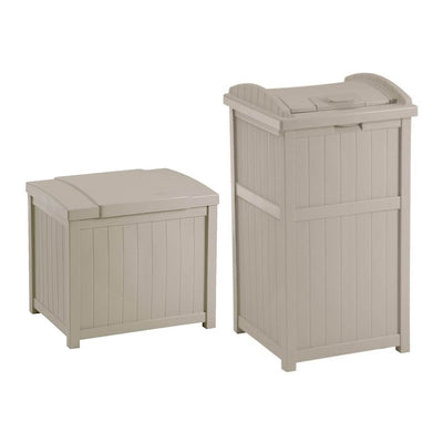 Suncast 22-Gallon Resin Deck Box, Light Taupe w/ 30-33 Gallon Trash Can Hideaway