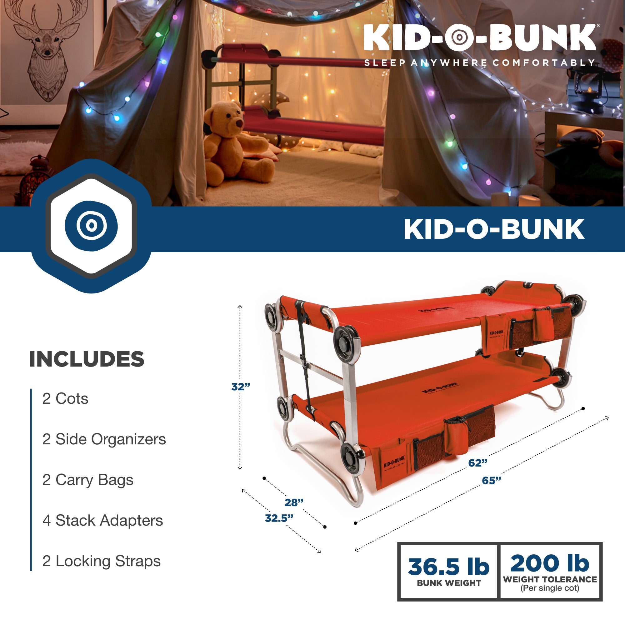 Disc-O-Bed Youth Kid-O-Bunk Benchable Camping Cot with Organizers (Open Box)