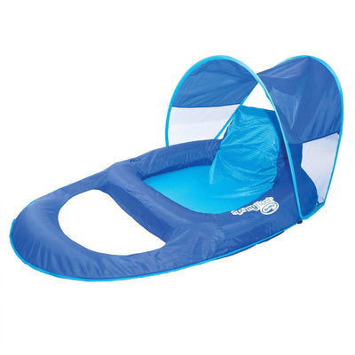 SwimWays Spring Float Recliner Pool Lounge Chair w/ Sun Canopy, Blue