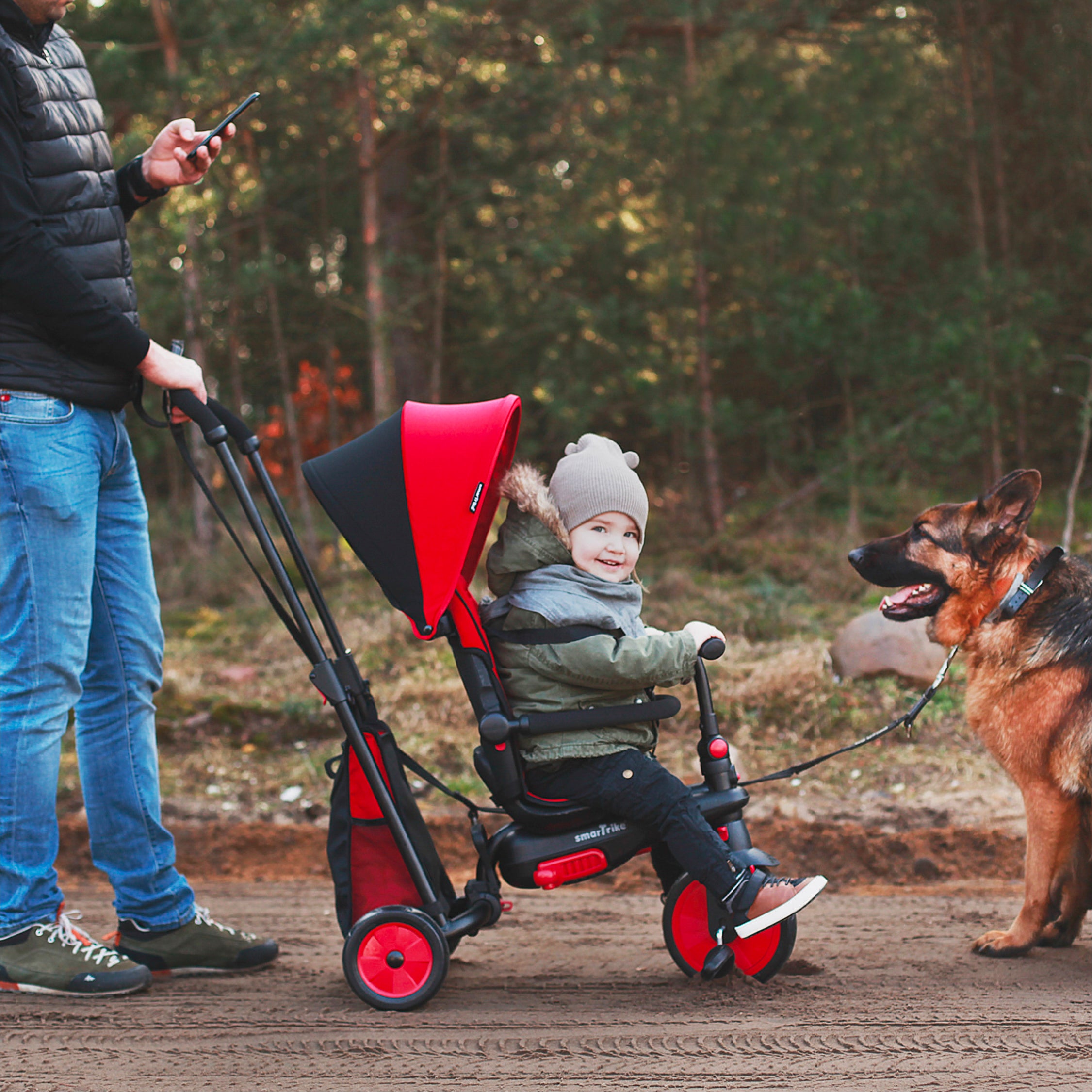 smarTrike 5 in 1 Modular Toddler Stroller Tricycle with 1 Handed Steering, Red
