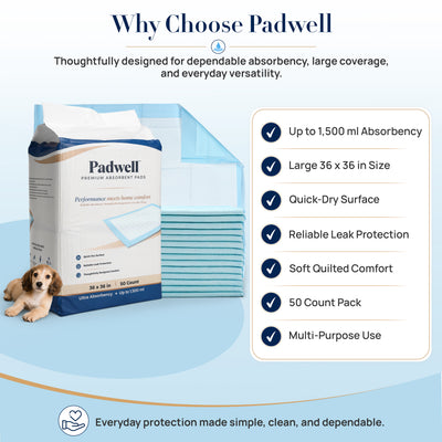 Padwell Absorbent Pads for Bed and Floor Protection, 36 x 36 Inches, 200 Count