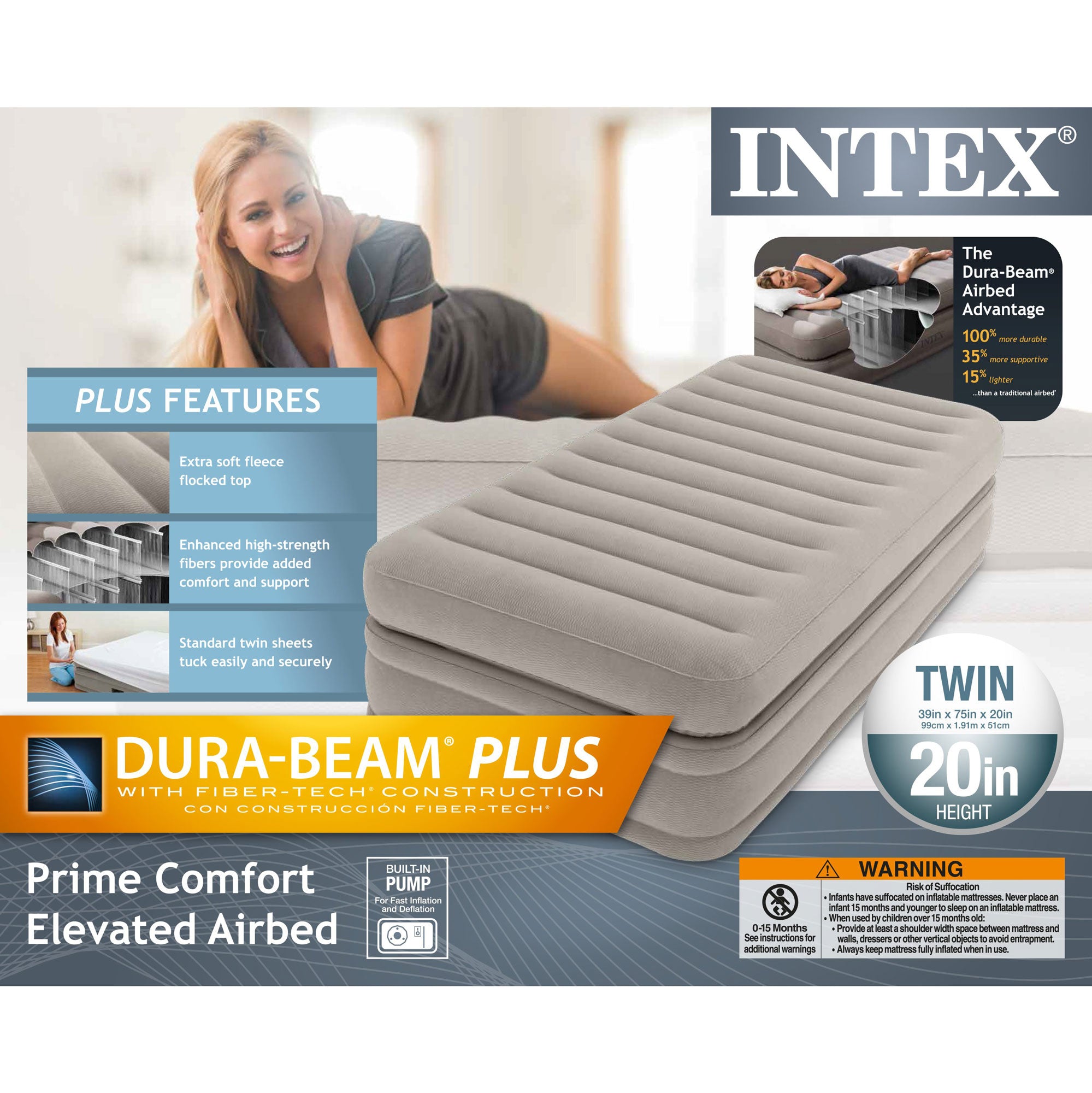 Intex Inflatable Prime Comfort Elevated Twin Airbed with Built-In Pump (3 Pack)