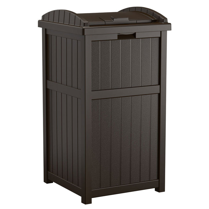 Suncast Trash Hideaway Outdoor Garbage Bin & 99 Gallon Deck Box w/ Seat, Java