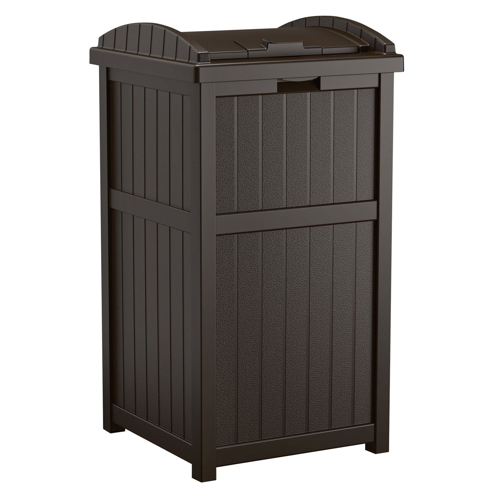 Suncast Trash Hideaway Outdoor Garbage Bin & 99 Gallon Deck Box w/ Seat, Java - VMInnovations