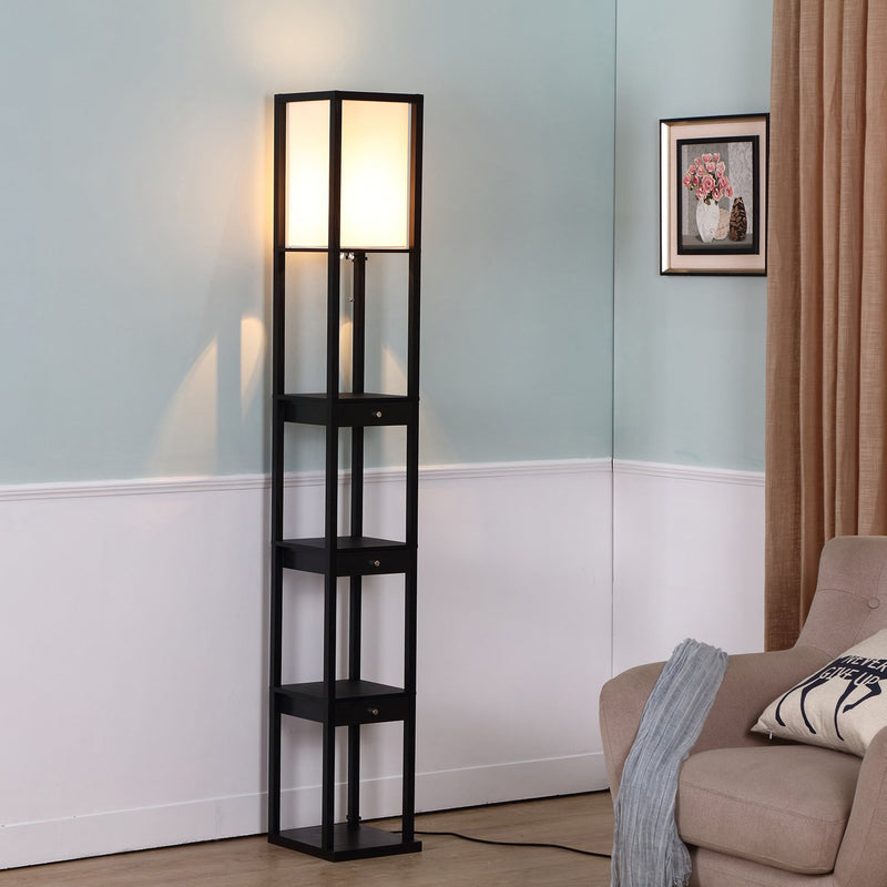 Brightech Maxwell Standing Tower Floor Lamp with Shelves and Drawers, Black