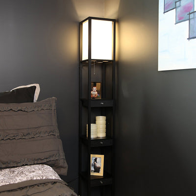 Brightech Maxwell Standing Tower Floor Lamp with Shelves and Drawers, Black