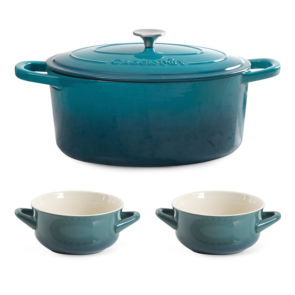 Crock-Pot 7 Quart Covered Dutch Oven, Teal & Gibson 30 Ounce Soup Bowl (2 Pack) - VMInnovations