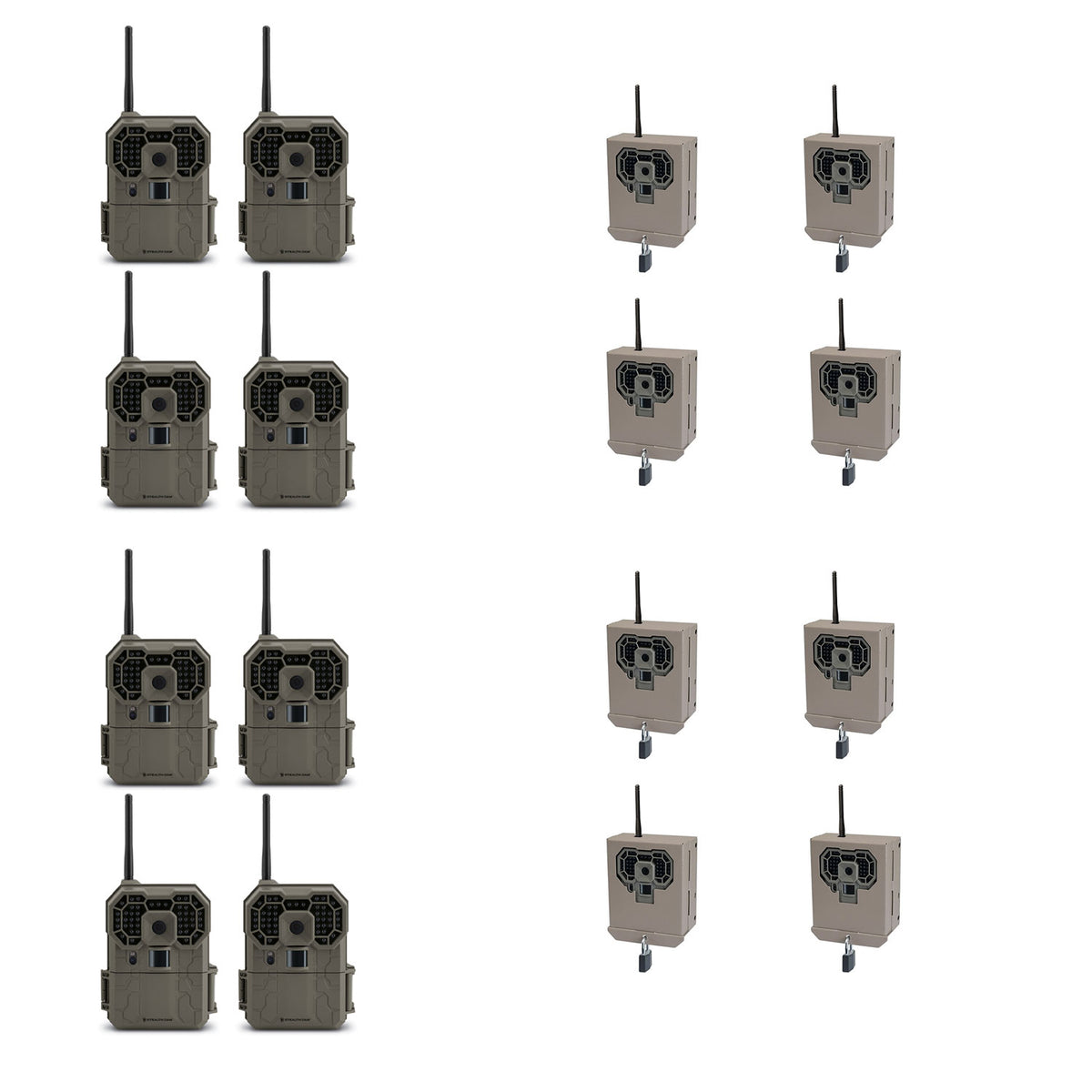 Stealth Cam 12MP Wireless Trail Camera (8 Pack) + Camera Security Box (8 Pack)