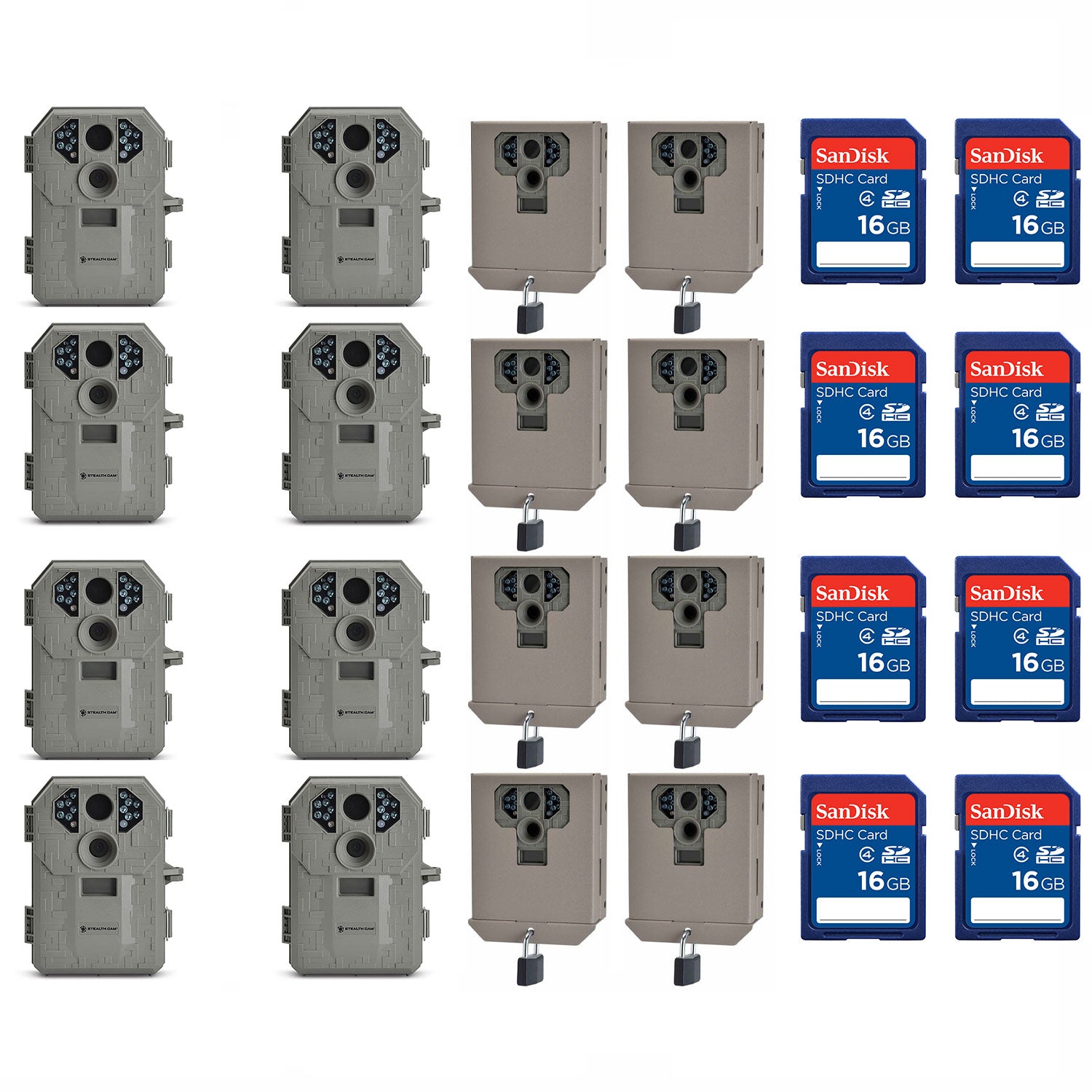 Stealth Cam Game Camera (8 Pack) + Security Box (8 Pack) + Memory Card (8 Pack)