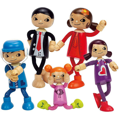 Hape Modern Family of 5 Wooden Bendable Doll Set for Kids Ages 3 Years and Up