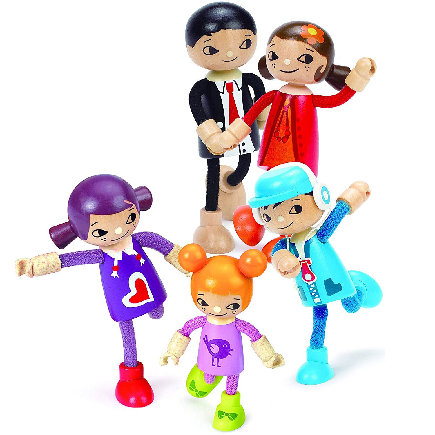 Hape Modern Family of 5 Wooden Bendable Doll Set for Kids Ages 3 Years and Up