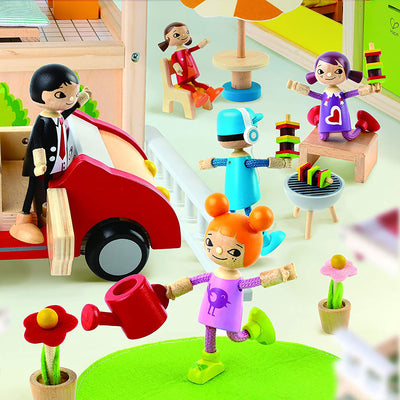 Hape Kids Dollhouse Bundle with Family of 5 Wooden Bendable Dolls and Toy Car