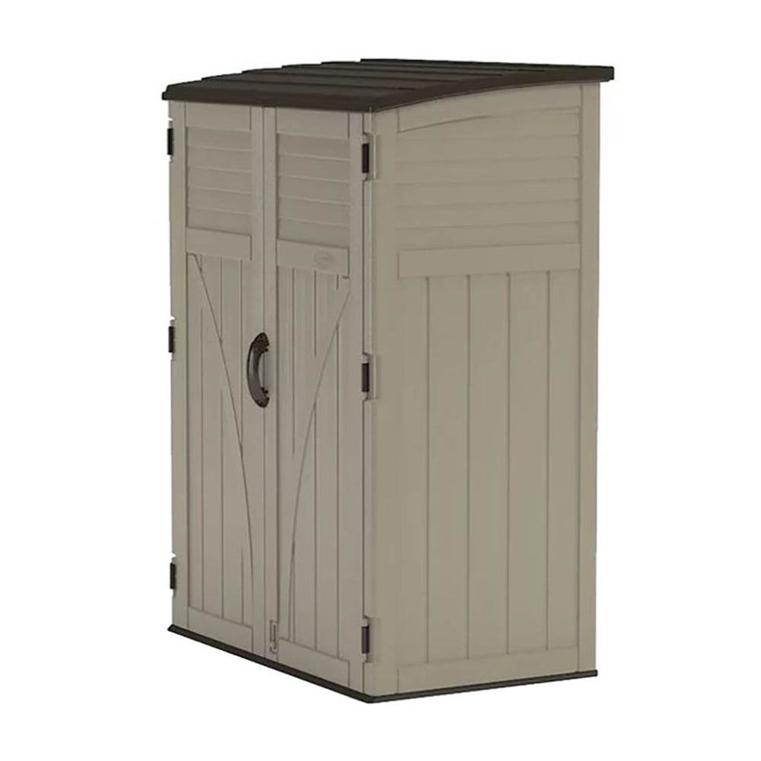 Suncast Large Vertical Shed for Storing Oudoor Gear, Tools, and Equipment, Sand - VMInnovations