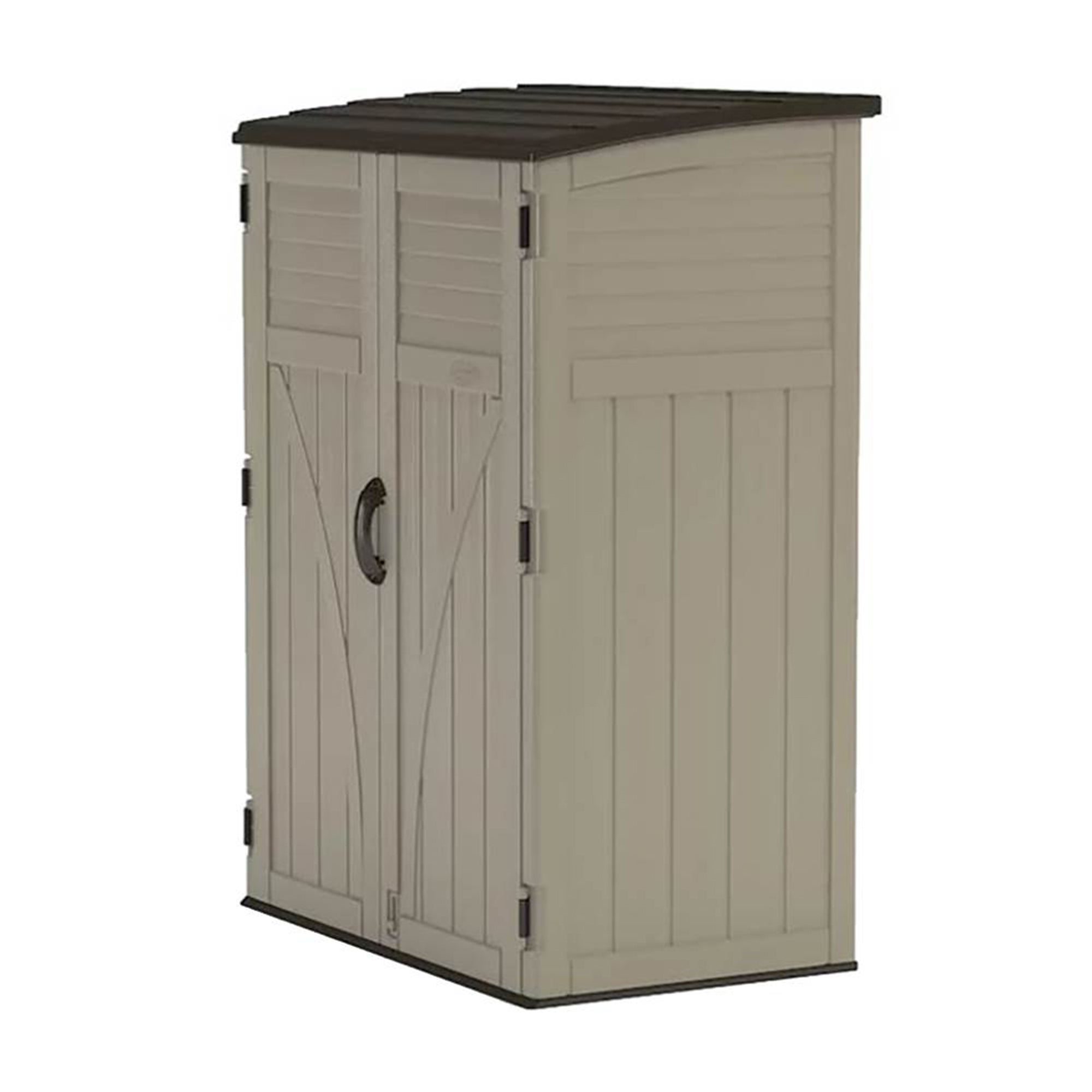 Suncast Large Vertical Shed for Storing Oudoor Gear, Tools, and Equipment, Sand