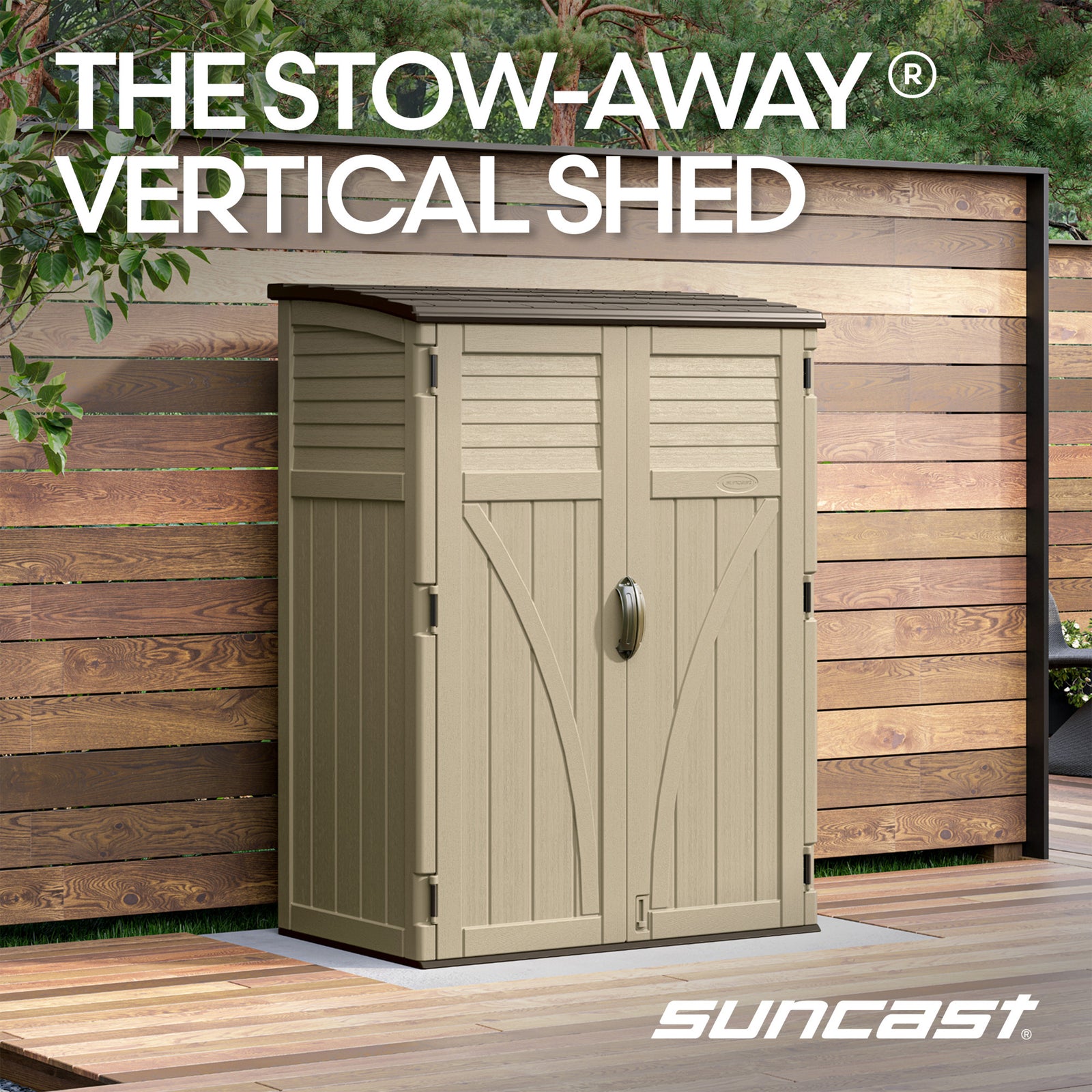 Suncast Large Vertical Shed for Storing Oudoor Gear, Tools, and Equipment, Sand - VMInnovations