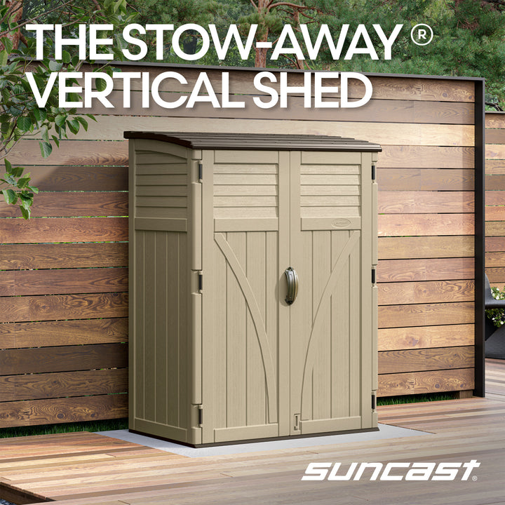 Suncast Large Vertical Shed for Storing Oudoor Gear, Tools, and Equipment, Sand - VMInnovations
