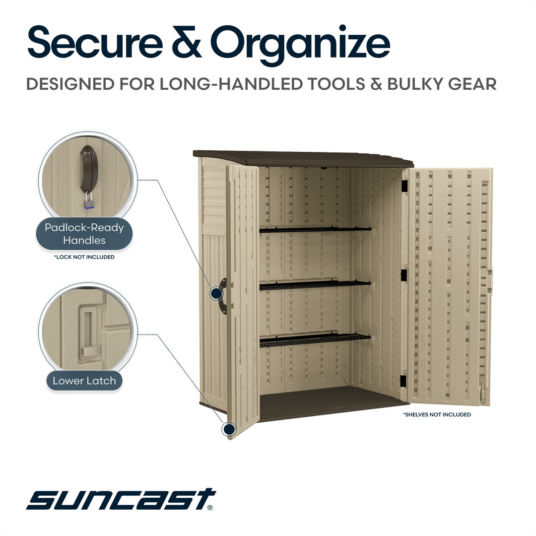 Suncast Large Vertical Shed for Storing Oudoor Gear, Tools, and Equipment, Sand - VMInnovations