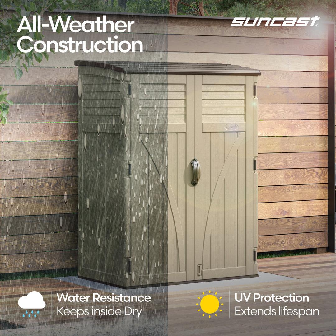 Suncast Large Vertical Shed for Storing Oudoor Gear, Tools, and Equipment, Sand - VMInnovations