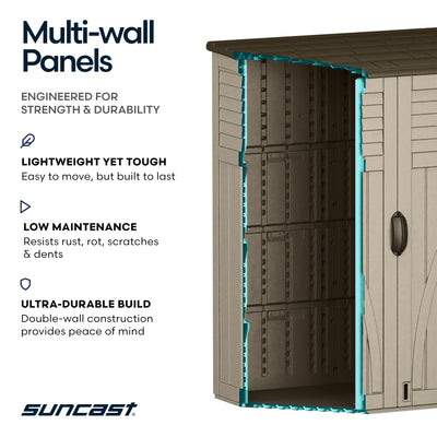 Suncast Large Vertical Shed for Storing Oudoor Gear, Tools, and Equipment, Sand