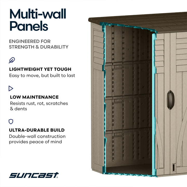 Suncast Large Vertical Shed for Storing Oudoor Gear, Tools, and Equipment, Sand - VMInnovations