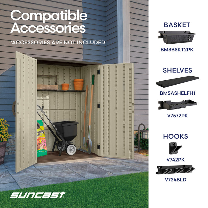 Suncast Large Vertical Shed for Storing Oudoor Gear, Tools, and Equipment, Sand - VMInnovations