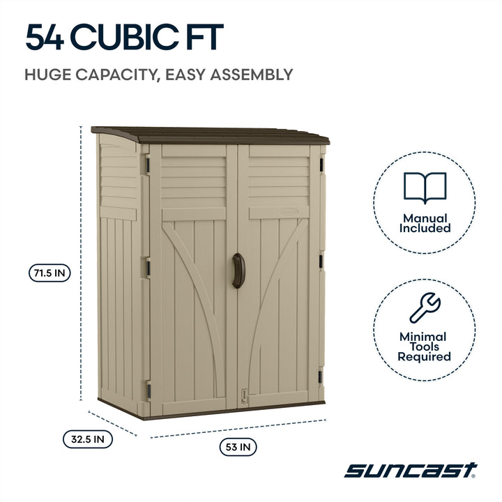 Suncast Large Vertical Shed for Storing Oudoor Gear, Tools, and Equipment, Sand - VMInnovations