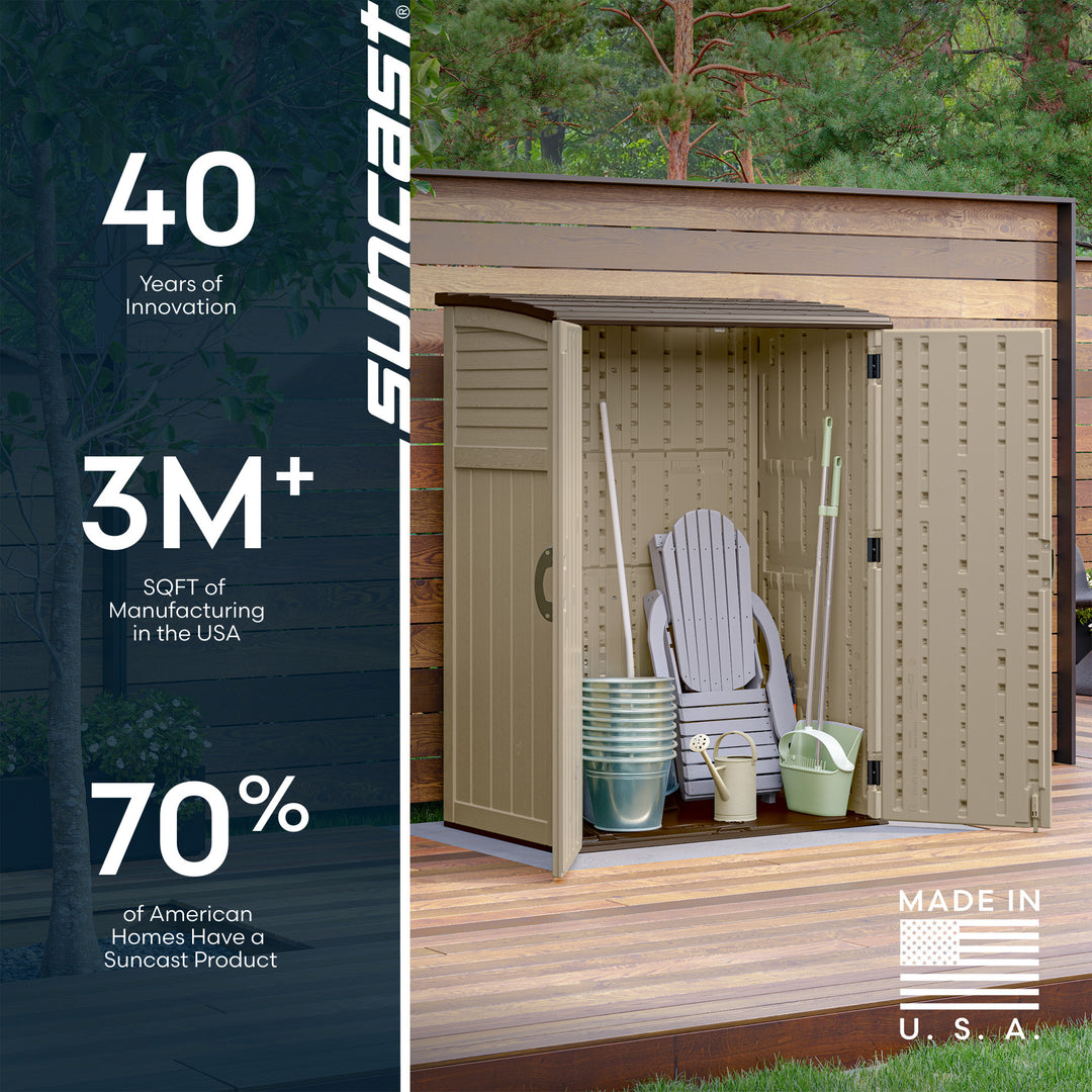 Suncast Large Vertical Shed for Storing Oudoor Gear, Tools, and Equipment, Sand - VMInnovations