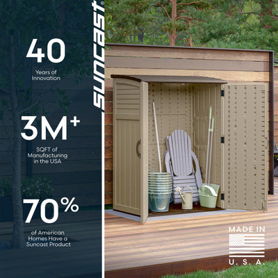 Suncast Large Vertical Shed for Storing Oudoor Gear, Tools, and Equipment, Sand