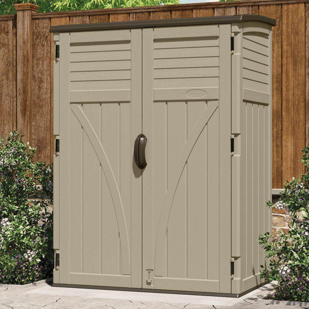 Suncast Large Vertical Shed for Storing Oudoor Gear, Tools, and Equipment, Sand - VMInnovations