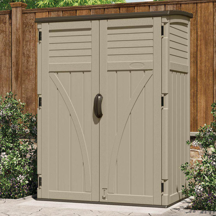 Suncast Large Vertical Shed for Storing Oudoor Gear, Tools, and Equipment, Sand - VMInnovations