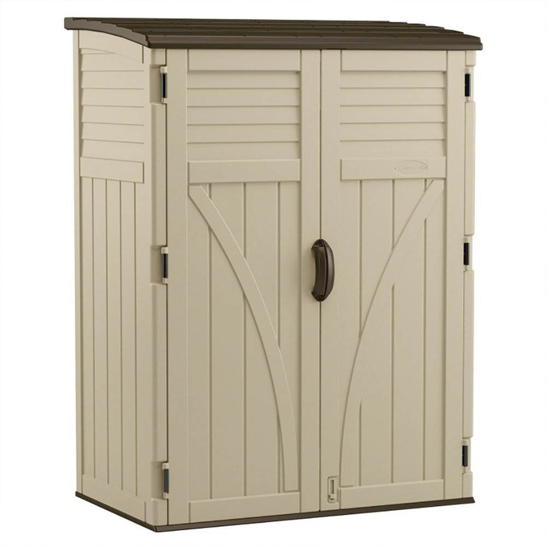 Suncast Large Vertical Shed for Storing Oudoor Gear, Tools, and Equipment, Sand - VMInnovations