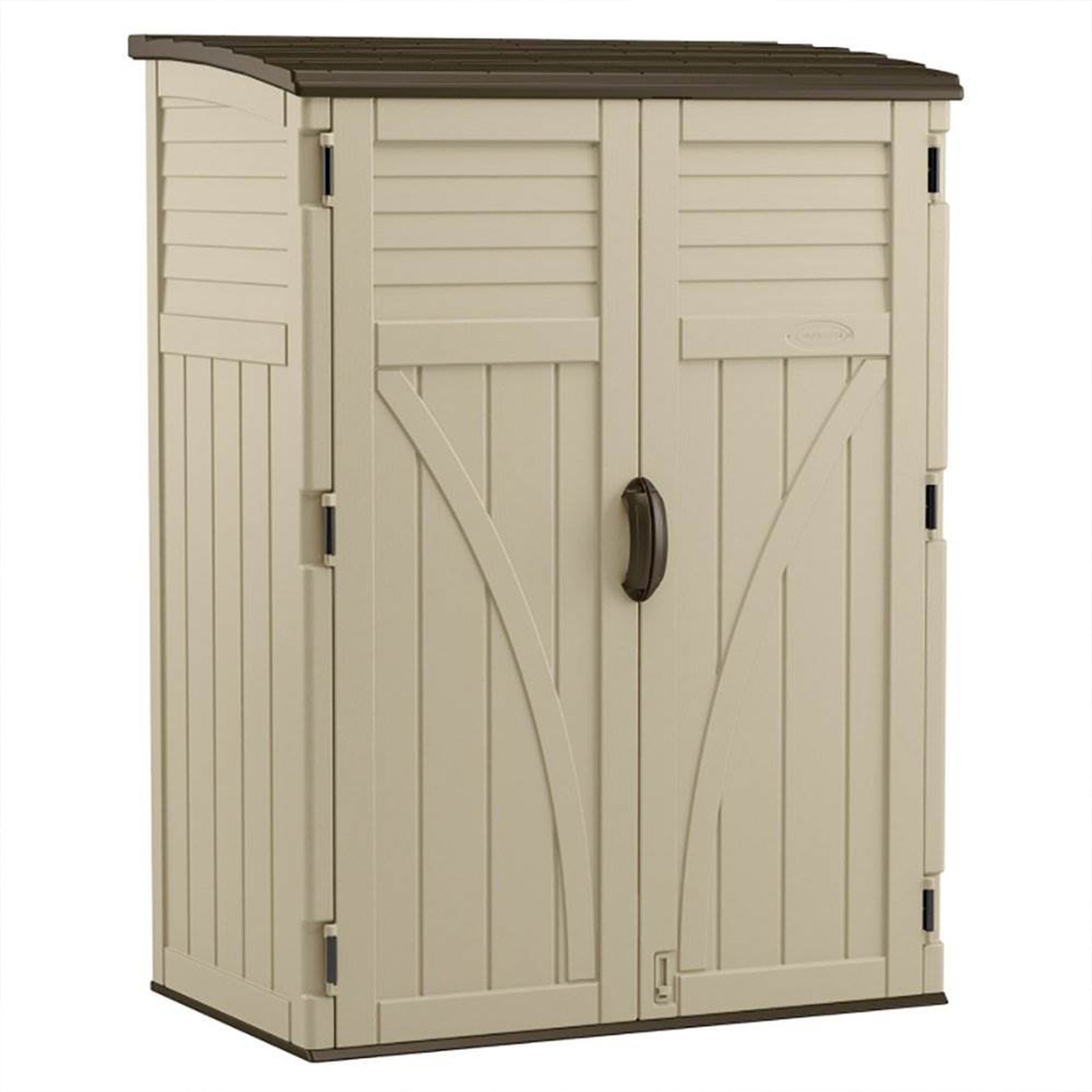 Suncast Large Vertical Shed for Storing Oudoor Gear, Tools, and Equipment, Sand - VMInnovations