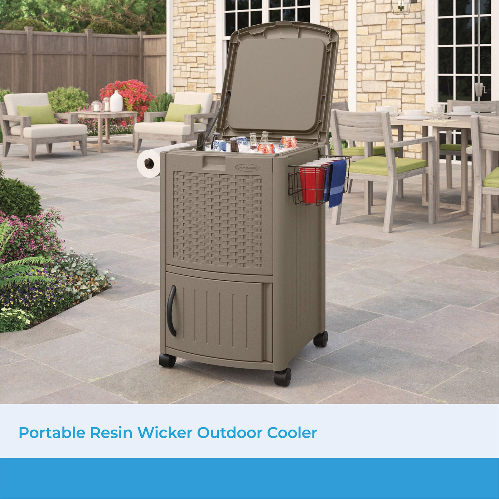Suncast DCCW3000D 77 Quart Resin Wicker Patio Cooler with Cabinet & Wire Basket - VMInnovations