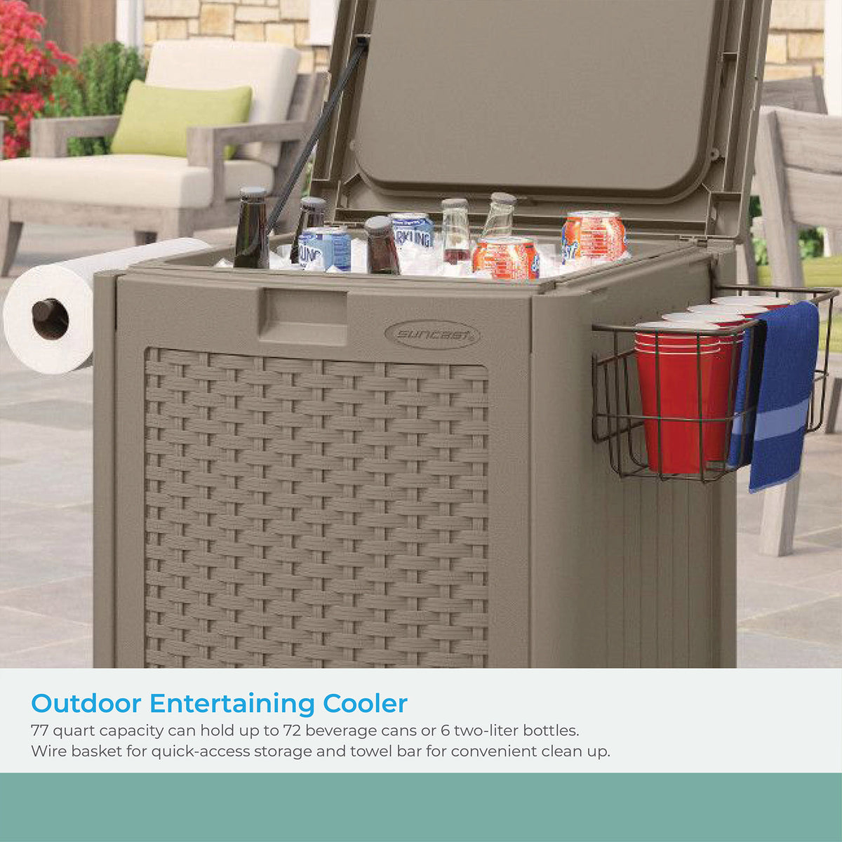 Suncast 77 Quart Resin Wicker Patio Cooler w/ Cabinet & Wire Basket, Java (Used)