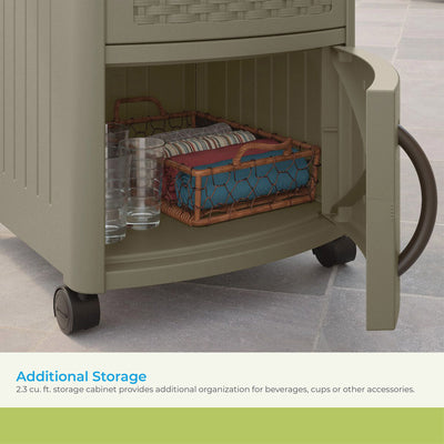 Suncast 77 Quart Resin Wicker Patio Cooler w/ Cabinet & Wire Basket, Java (Used)