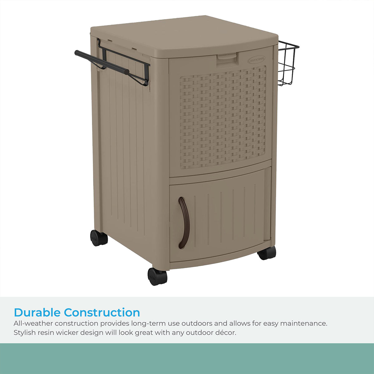 Suncast 77 Quart Resin Wicker Patio Cooler w/ Cabinet & Wire Basket, Java (Used)