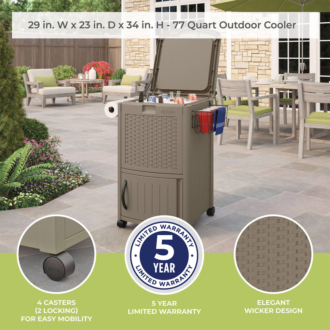 Suncast DCCW3000D 77 Quart Resin Wicker Patio Cooler with Cabinet & Wire Basket