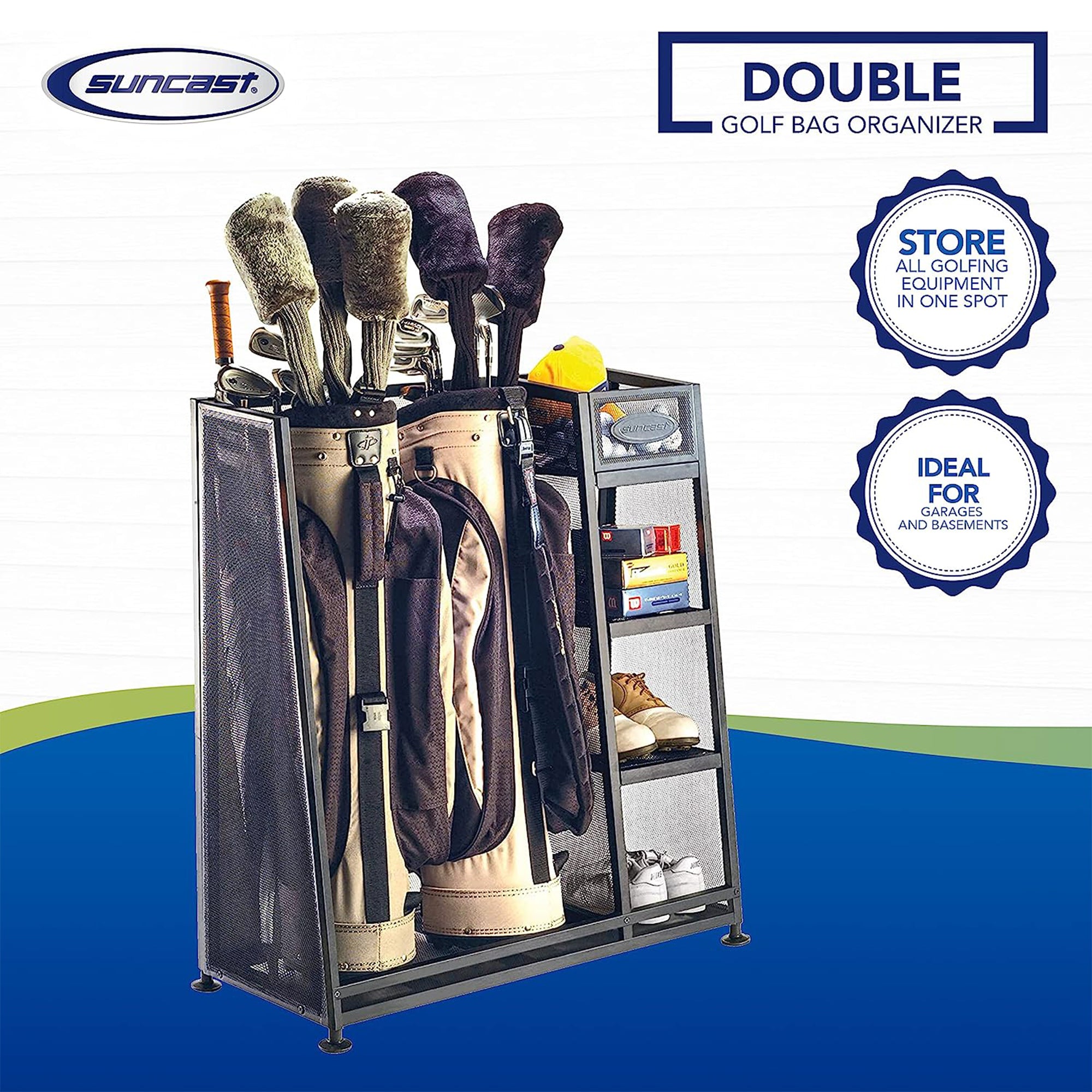 Suncast GO3216D Metal Golf Equipment Organizer Storage Rack w/ 3 Shelves, Black - VMInnovations