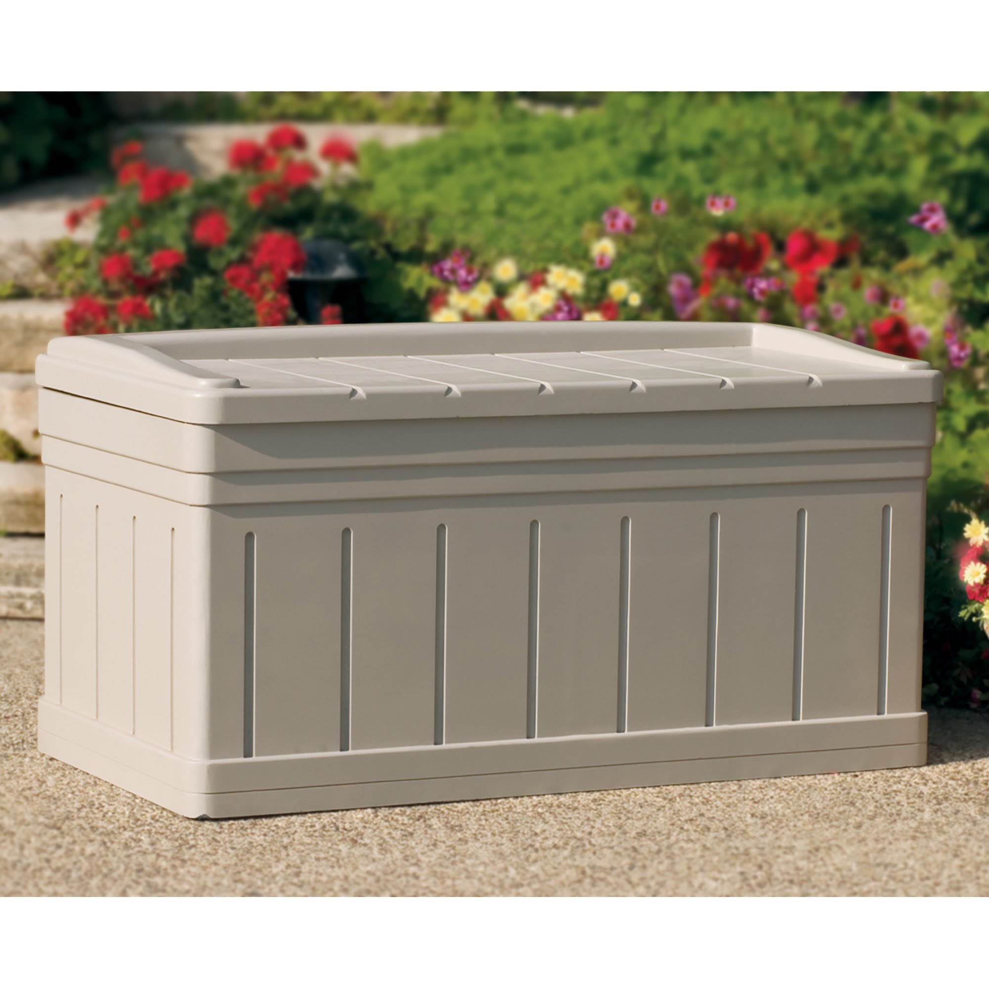 Suncast Horizontal 129 Gallon Stay Dry Outdoor Deck Storage Box with Seat, Taupe