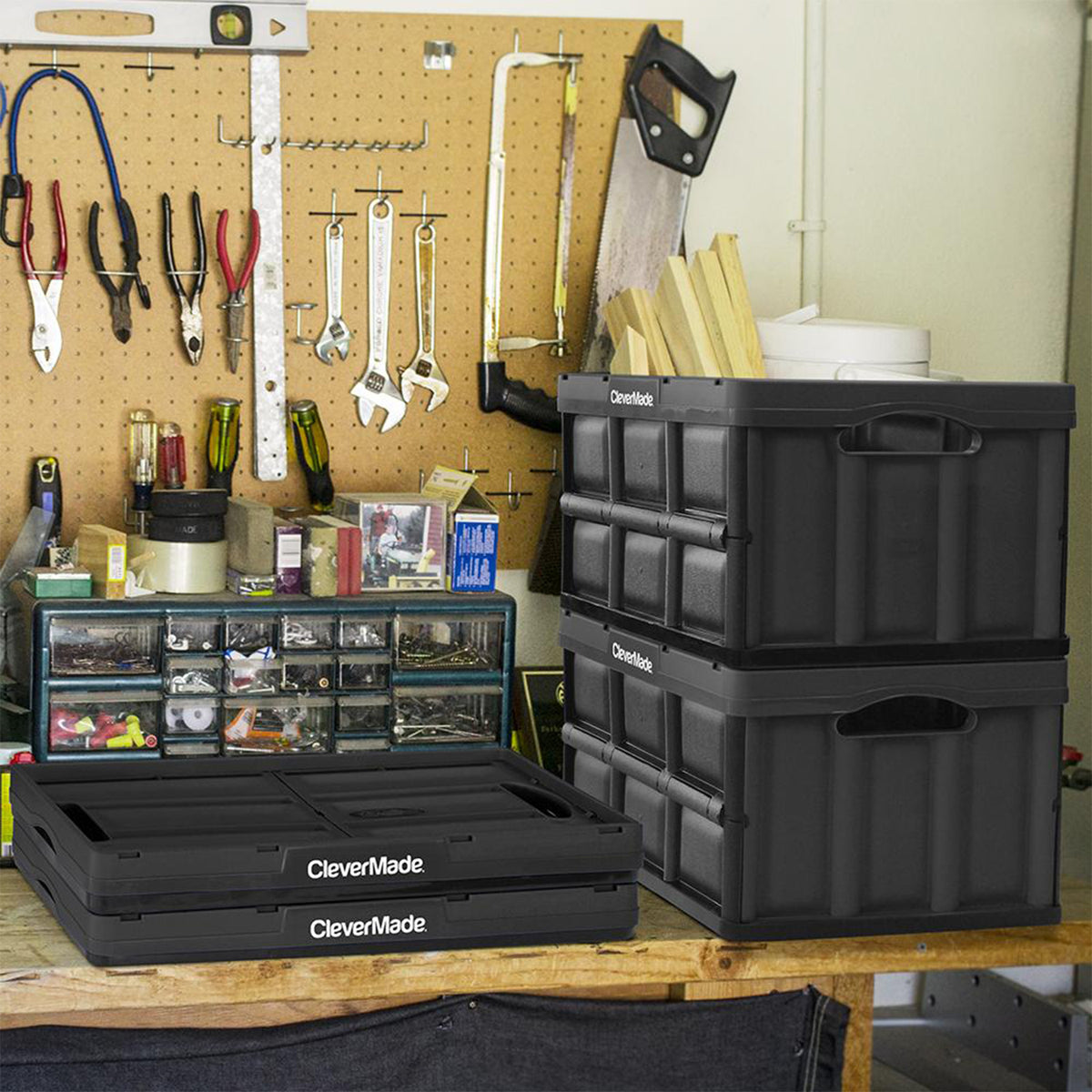 CleverMade CleverCrate Stackable 46L Storage Bins, Black (3-Pack) (Open Box)