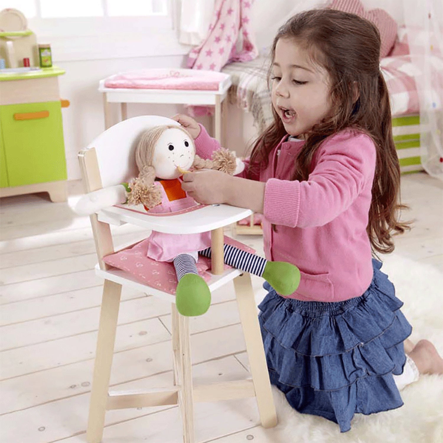 Hape Wooden Doll Play Highchair Toddler Toy High Chair Furniture, Pink (Used)