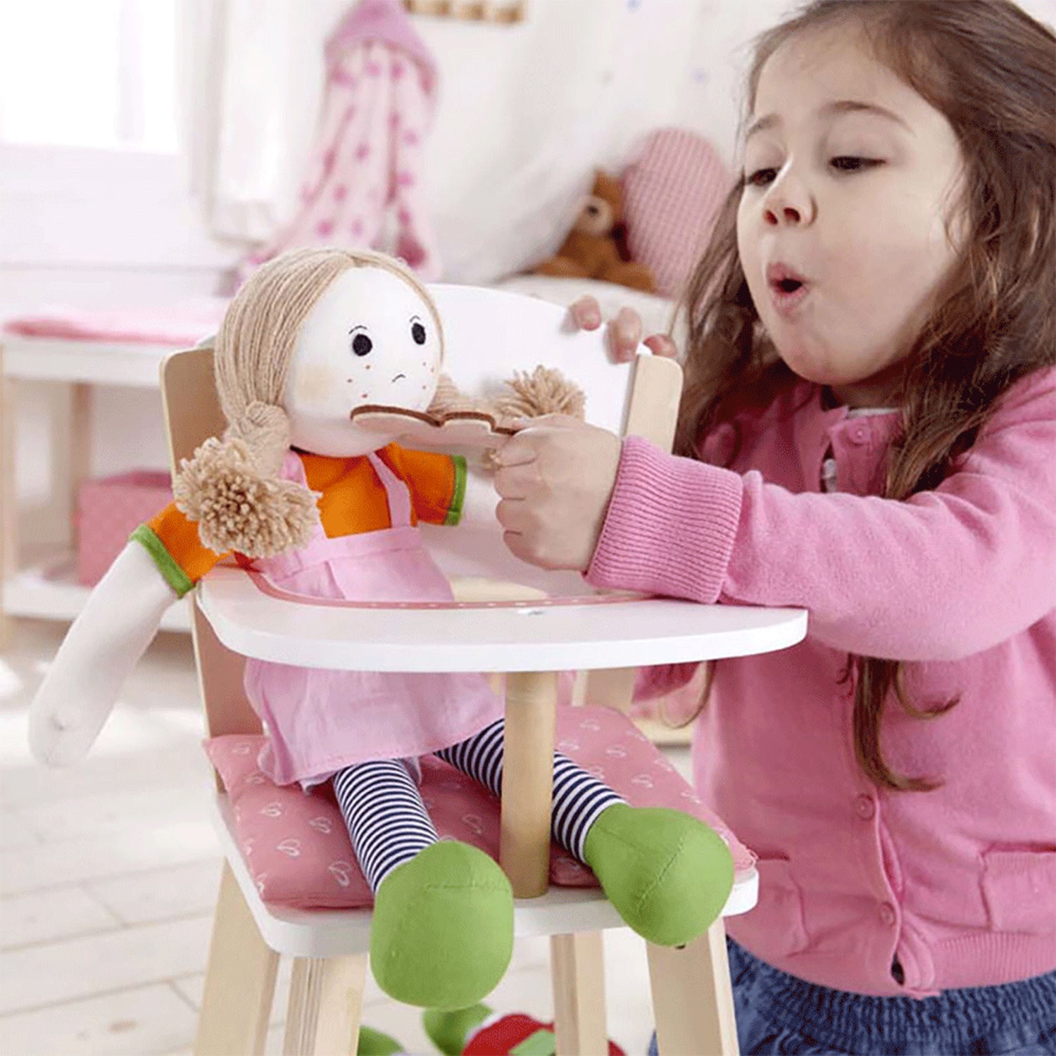 Hape Wooden Doll Play Highchair Toddler Toy High Chair Furniture, Pink (Used)
