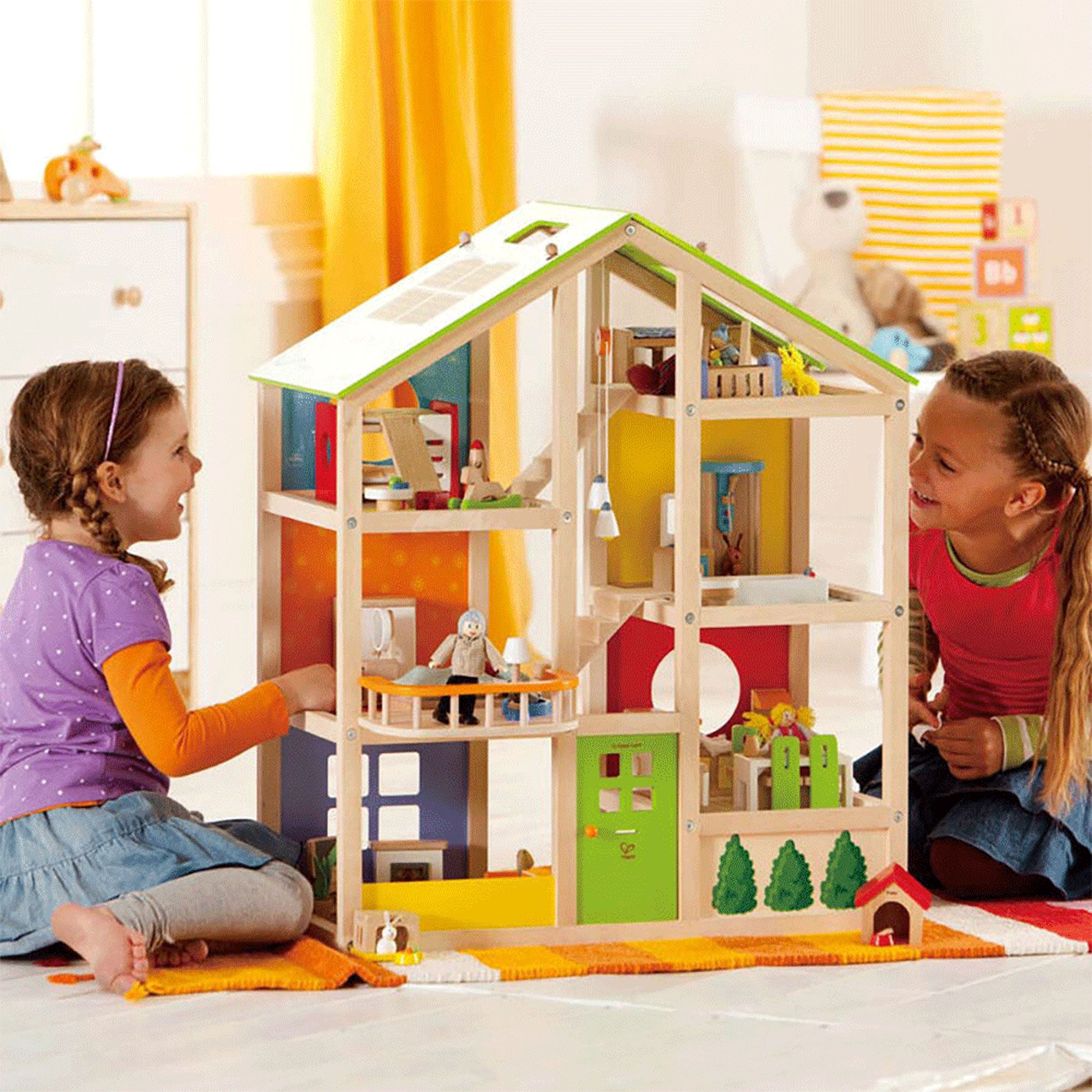 Hape Wooden Dollhouse with 6 Rooms, Wooden Furniture, Ages 3+ Years (For Parts)