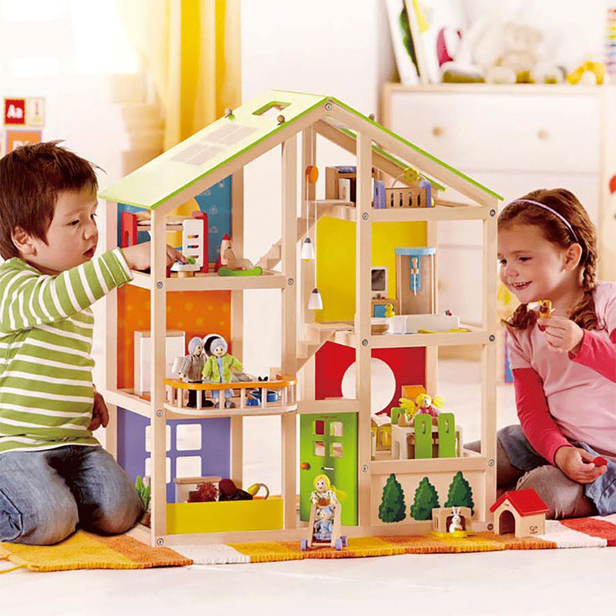 Hape Wooden Dollhouse with 6 Rooms, Wooden Furniture, Ages 3+ Years (For Parts)