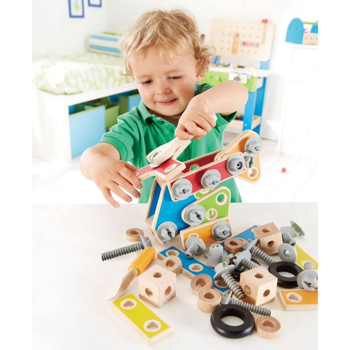 Hape 62 Piece Wooden Master Builder Construction Toy Set for Kids (Open Box)