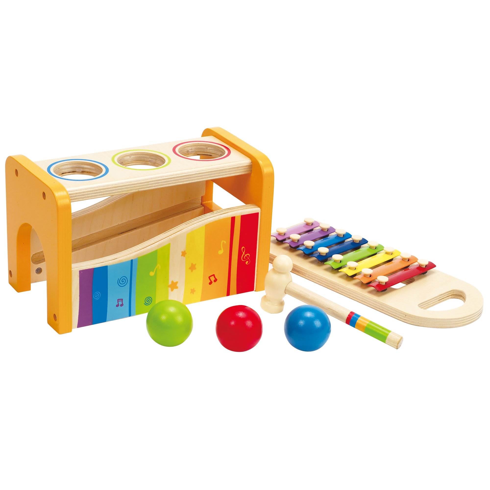 Hape Kids Wooden Musical Instrument Rainbow Pound and Tap Bench with Xylophone